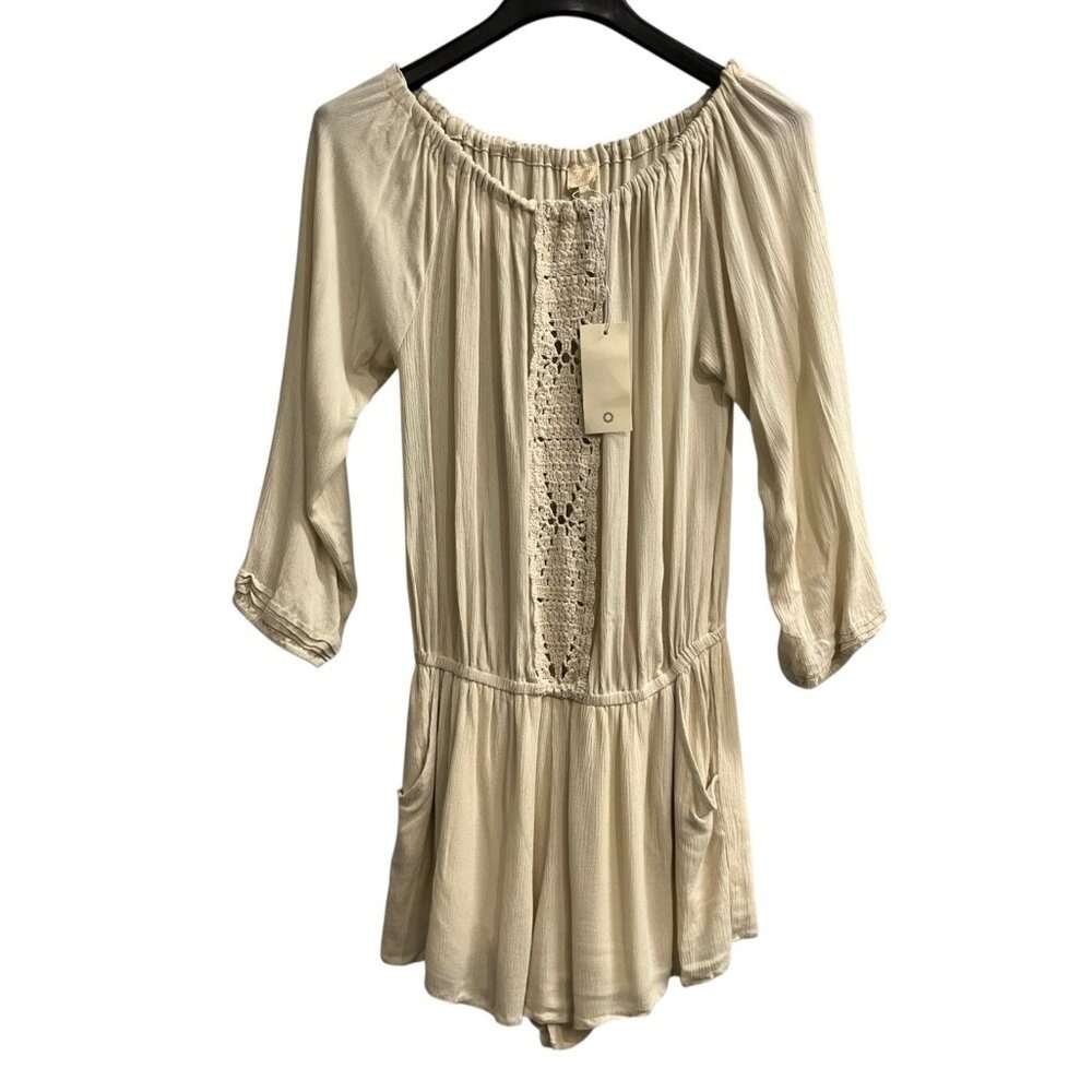 Surf Gypsy Romper Ivory Gauzy Off Shoulder Size L Boho Festival Hippie Coastal